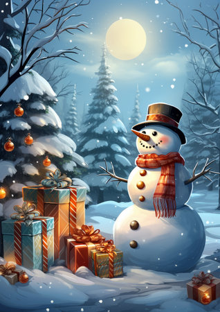 Winter scene with a cute snowman and a bunch of podaks in a snowy forest. Christmas greeting card in vintage style.の素材