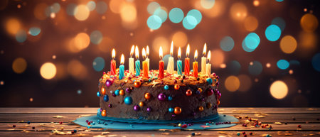 Happy birthday chocolate cake with candles, balloons and confetti background. Holiday bannerの素材