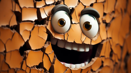 Funny face from a cracked wall. Expressive eyes and smile. Cartoon character.の素材