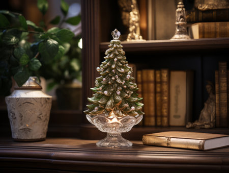 Decorative glass Christmas tree. Modern holiday decor. Trendy Christmas interior details on a shelf in the room.の素材