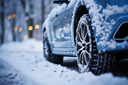 Close-up of a winter car tire on a snowy road. Seasonal change of wheels. Car service. The concept of safe travel and driving on the highway.の素材