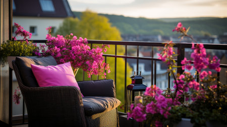Cozy summer balcony with a rattan cross and blooming colorful flowers overlooking the sunset. Comfortable place for reading and relaxing.の素材