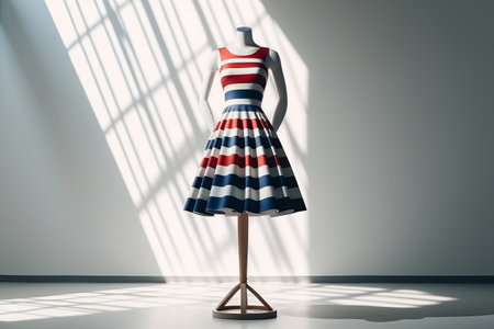 Dress design in colors of the American flag. Elegant holiday dress on mannequin. Patriotic outfit. Independence Day.の素材