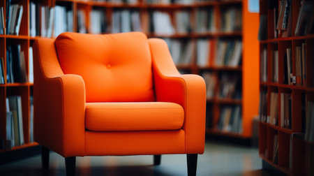 Orange comfortable chair in modern public library, surrounded by shelves of books. Learning, reading and knowledge.の素材