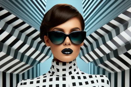 Retro futuristic girl wearing sunglasses. Pop art retro fashion woman with geometric black and white pattern backgroundの素材