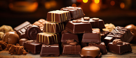 Homemade chocolates and pralines, chocolate covered fruits. Banner with variety of sweets.の素材