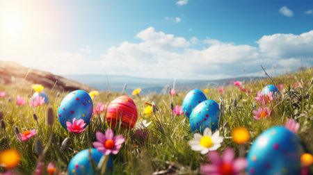Many bright colorful Easter eggs on a spring meadow with flowers and blue sky. Festive Easter and spring background with copy space.の素材