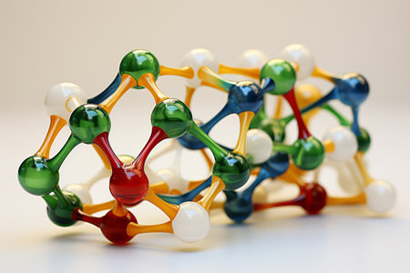 A vibrant three-dimensional glass molecular structure with multicolored bonds.の素材