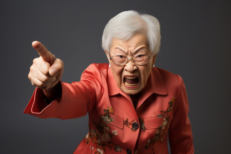 An elderly woman in a floral red jacket points assertively, her facial expression conveying a strong message or demand.の素材