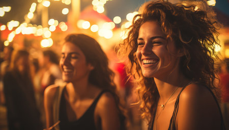 Young women having fun and laughing at a party or in a street pub. Holiday atmosphere with bokeh lights.の素材