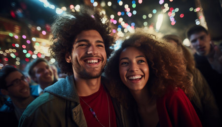 Happy young couple having fun with friends during a night festival illuminated by bright bokeh lights.の素材