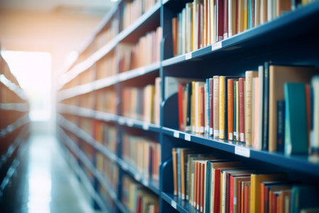 Library shelves with many books stretching into the distance towards the light. Education, knowledge and learning concept.の素材