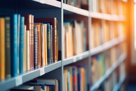Library shelves with many books. Education, knowledge and learning concept. Background with selective focus.の素材