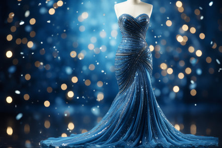 Glamorous Sapphire Evening Gown Adorned with Sequins and Sparkles.の素材