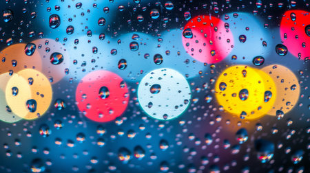 Raindrops on Window with Blurred City Lights in Background.の素材