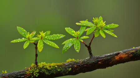 Young spring branch with growing leaves and raindrops.の素材