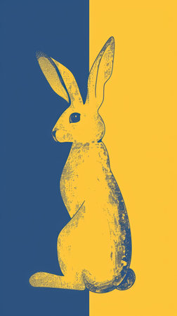 Vintage illustration of an Easter bunny on a two-tone blue and yellow background.の素材