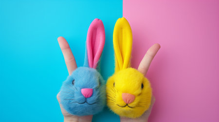 Two colorful bunny finger puppets on a bright two-color background, symbolizing joy and celebration.の素材