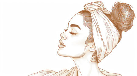 An exquisite line illustration of a woman in profile, with elegant features, represents a moment of peaceful reflection. Concept of beauty and care. Women's Day.の素材