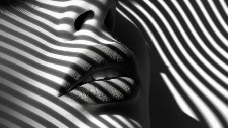 Creative minimalistic black and white photography. Partially hidden face of a woman with a striped pattern on her skin. Play of light and shadow.の素材