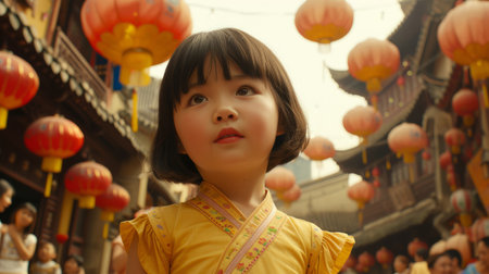 Little girl in a festive atmosphere against the backdrop of red lanternsの素材