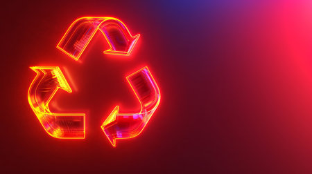Yellow neon recycling sign on a bright red background with copy spaceの素材