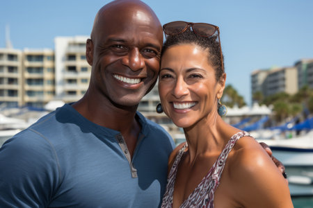 Smiling middle-aged couple enjoying a sunny day together, hugging on a marina with boats and waterfront buildings in the background.の素材