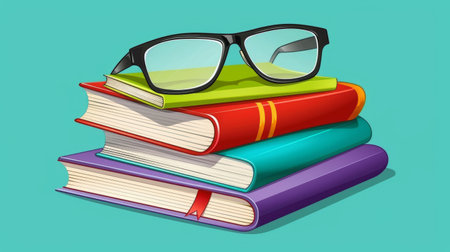 Stack of books and glasses on top. Reading, literature and library concept.の素材