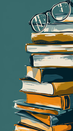 Stack of books and glasses on top. Vertical banner. Reading, literature and learning concept. Library Day.の素材