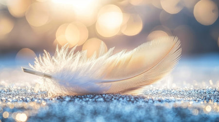 A delicate feather lies on a sparkling shiny surface, filled with a warm soft glow. Fabulous tranquilityの素材