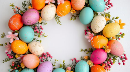 Vibrant Easter wreath decorated with a spectrum of painted eggs and springtime florals.の素材