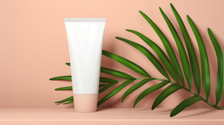Natural Organic Skincare Cream Tube on Pastel Backdrop with Green Leaf. Product packaging mockup for branding and design.の素材