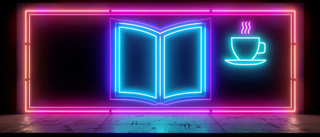 Illuminated neon book and coffee cup sign symbolizing reading and relaxation.の素材
