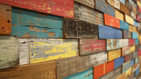 Wall made of wooden multi-colored boards. Creative background. Space for copyingの素材