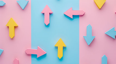 Colorful direction arrows pointing in different directions on a pastel background, choice concept.の素材