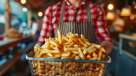Close-up of a Chef Serving a Heaping Basket of Golden Crispy French Fries. Fried potatoes.の素材