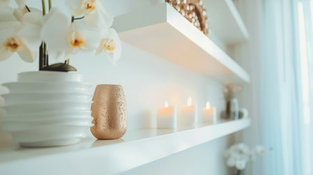 A tranquil shelf setup featuring orchids, textured vase, and lit candles for a spa ambiance.の素材