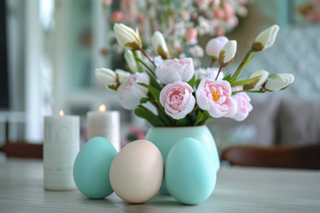Easter table setting with delicately colored Easter eggs with blooming tulips and flickering candles.の素材
