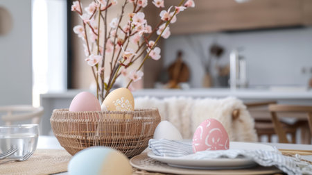 Delicate and cozy Easter table with painted eggs in pastel pink and delicate cherry flowers.の素材