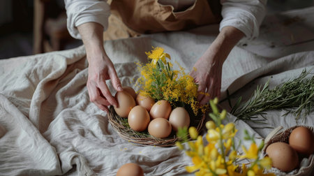 Hands carefully arrange a basket with eggs and yellow blossoms, creating a vibrant Easter compositionの素材