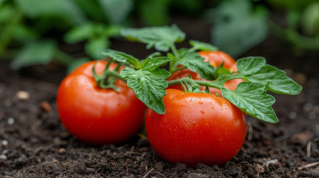 Ripe Red Tomatoes Nestled in Garden Soil, Ready for Harvest.の素材