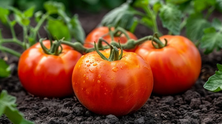 Ripe Red Tomatoes Nestled in Garden Soil, Ready for Harvest.の素材
