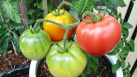 Stages of ripening tomatoes on a vine growing in a city garden or on a balcony.の素材
