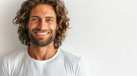 Smiling Man with Trendy Curly Hairstyle in White Teeの素材