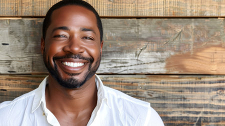 Joyful expression on the face of a well-groomed bearded African American man against a rustic background. Confidence and charmの素材
