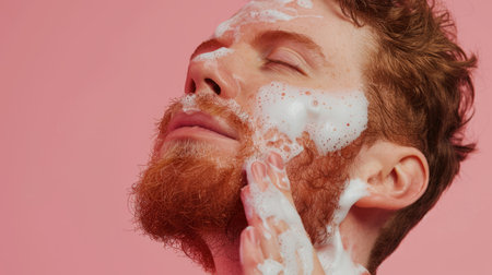 Red-haired man applies foam for washing or shaving while doing personal care. Morning routinesの素材