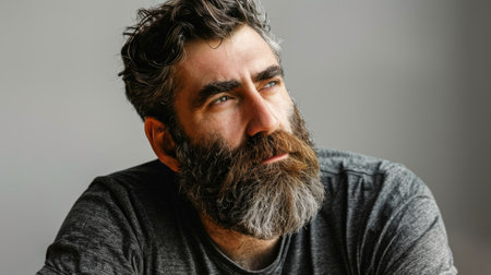 A pensive man with a gray beard looks thoughtfully into the distance. The look of a mature man, highlighting his prominent beard.の素材