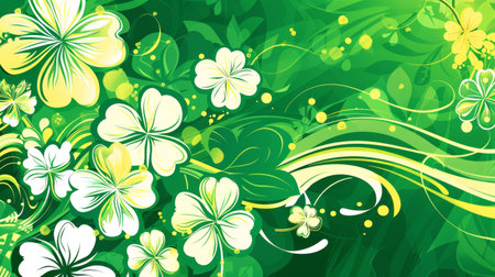 Green background with stylized white and yellow clovers in honor of St. Patrick's Day.の素材