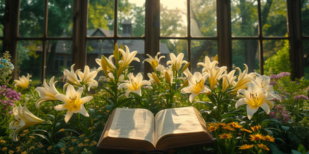 Serene Chapel Ambiance with Sunlit Lilies and Open Bible.の素材