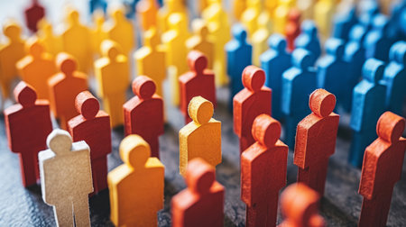 Multicolored wooden figures on a board symbolizing diversity and teamworkの素材